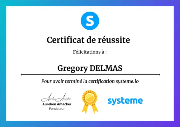 Certification Système.io de Grégory Delmas