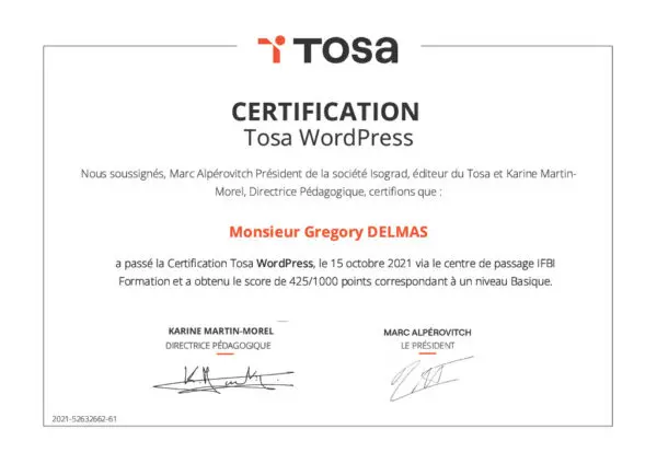Certification TOSA WordPress de Grégory Delmas