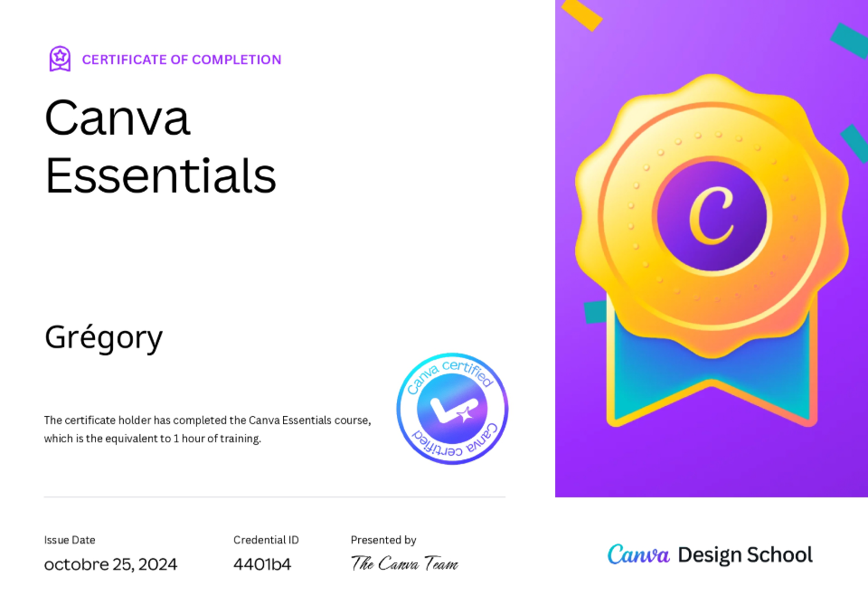 Certification Canva Essentials de Grégory Delmas